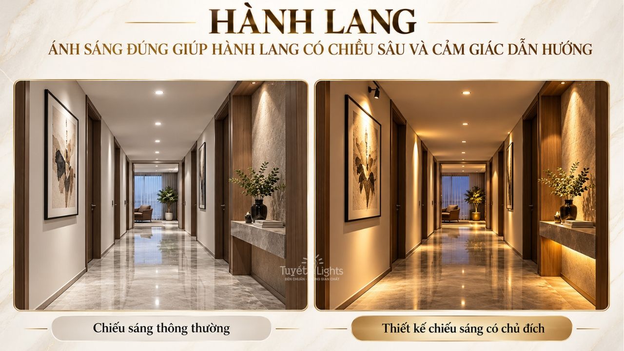 So sánh hành lang chiếu sáng thông thường với thiết kế ánh sáng có chủ đích tạo chiều sâu và cảm giác dẫn hướng